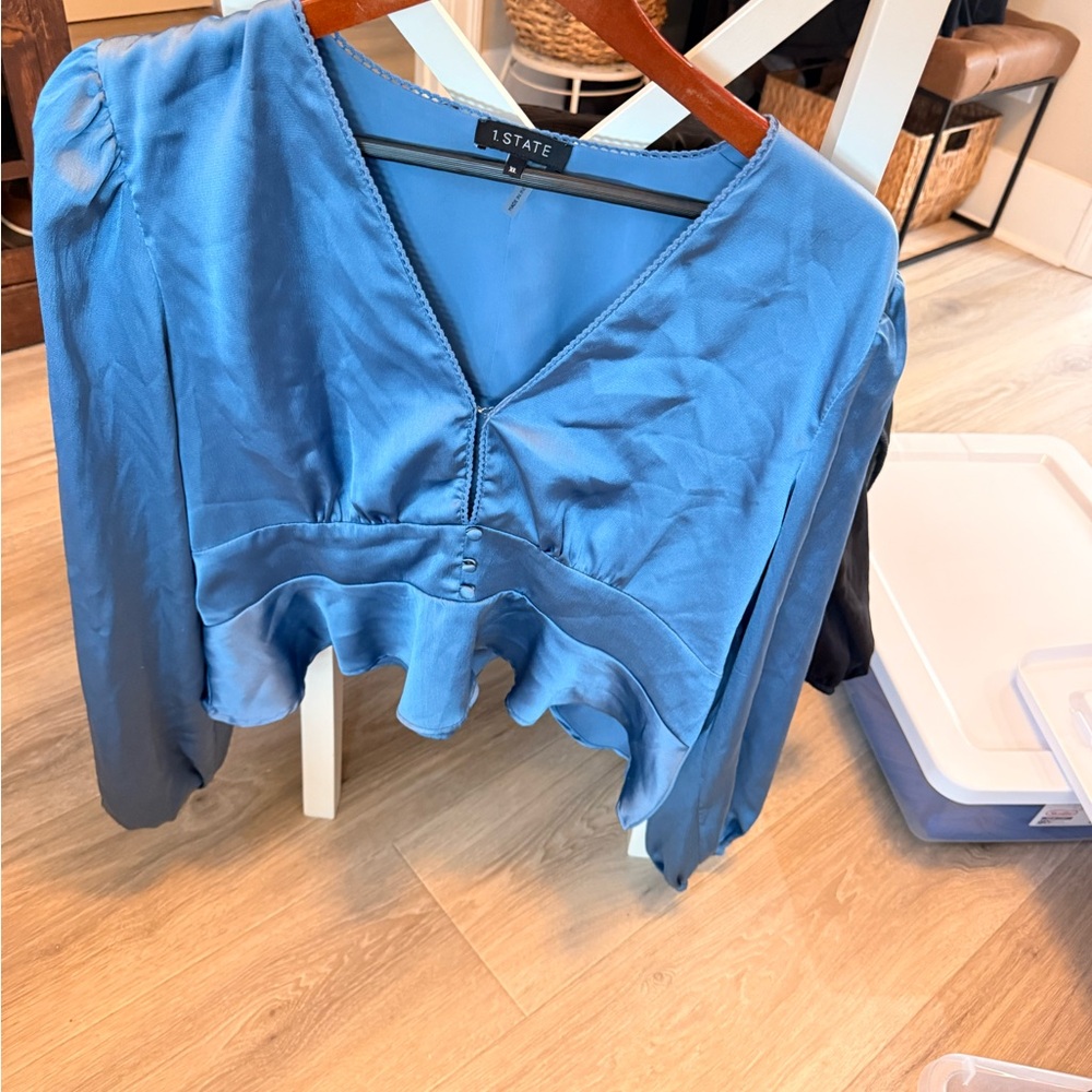 1. State Women's Blue Satin V-Neck Blouse
